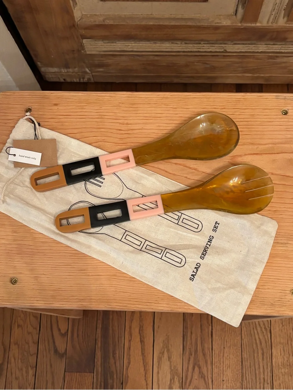 Amber Resin Salad Serving Set with Pink & Black Accents